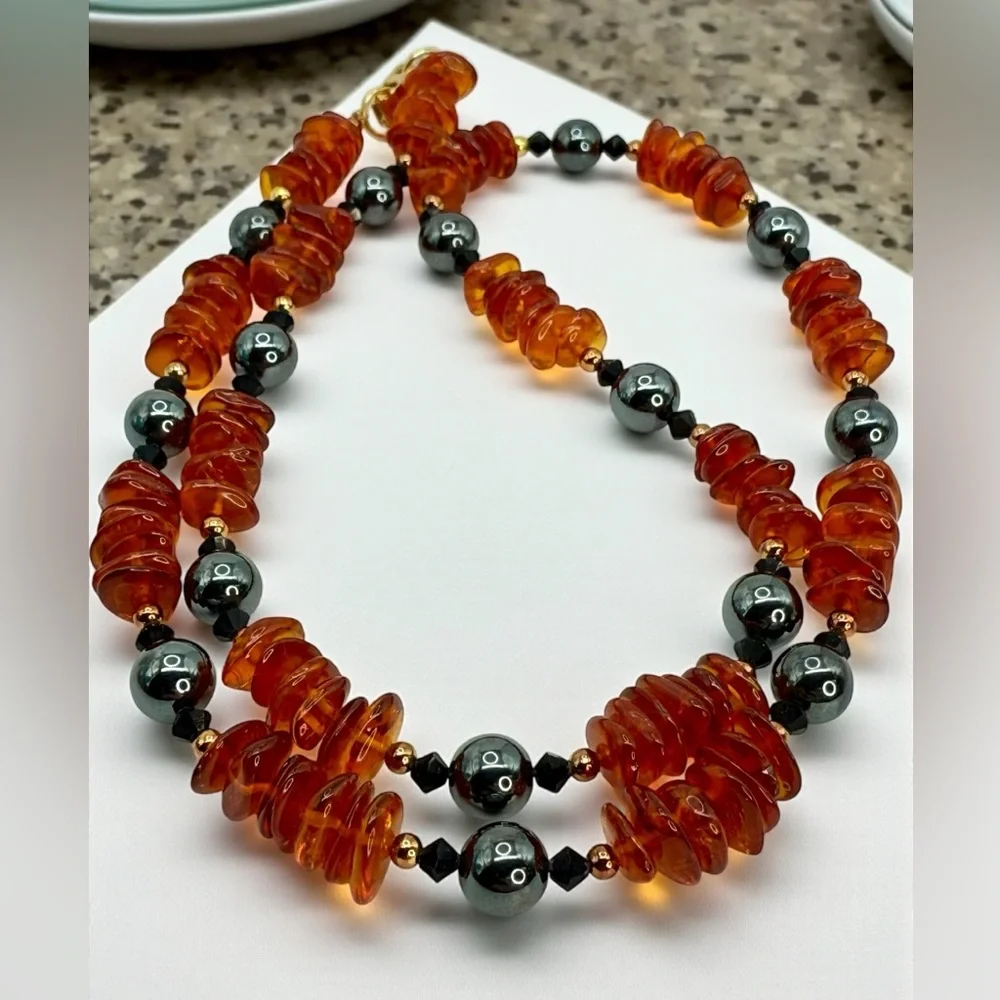 Vintage 26” Natural Amber & Hematite Bead Necklace Gold Fold-Over Clasp Stunning
